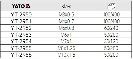 机用丝锥YT-2950,YT-2951,YT-2952,YT-2953,YT-2954,YT-2955,YT-2956参数表