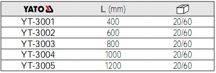 铝合金水平尺YT-3001,YT-3002,YT-3003,YT-3004,YT-3005的参数.